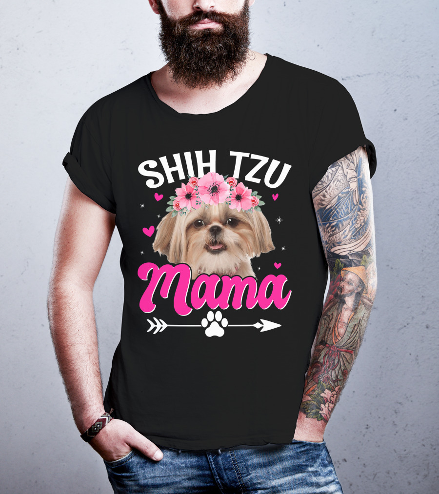 Shih Tzu Mama With Flower Crown Hearts T-Shirt