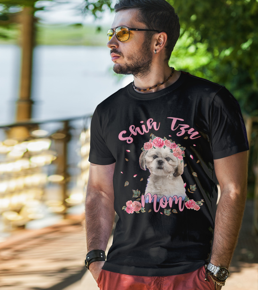 Shih Tzu Mom Flower Dog Lover Women Gifts T-Shirt