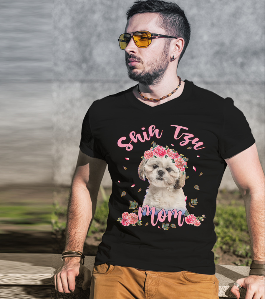 Shih Tzu Mom Flower Dog Lover Women Gifts T-Shirt