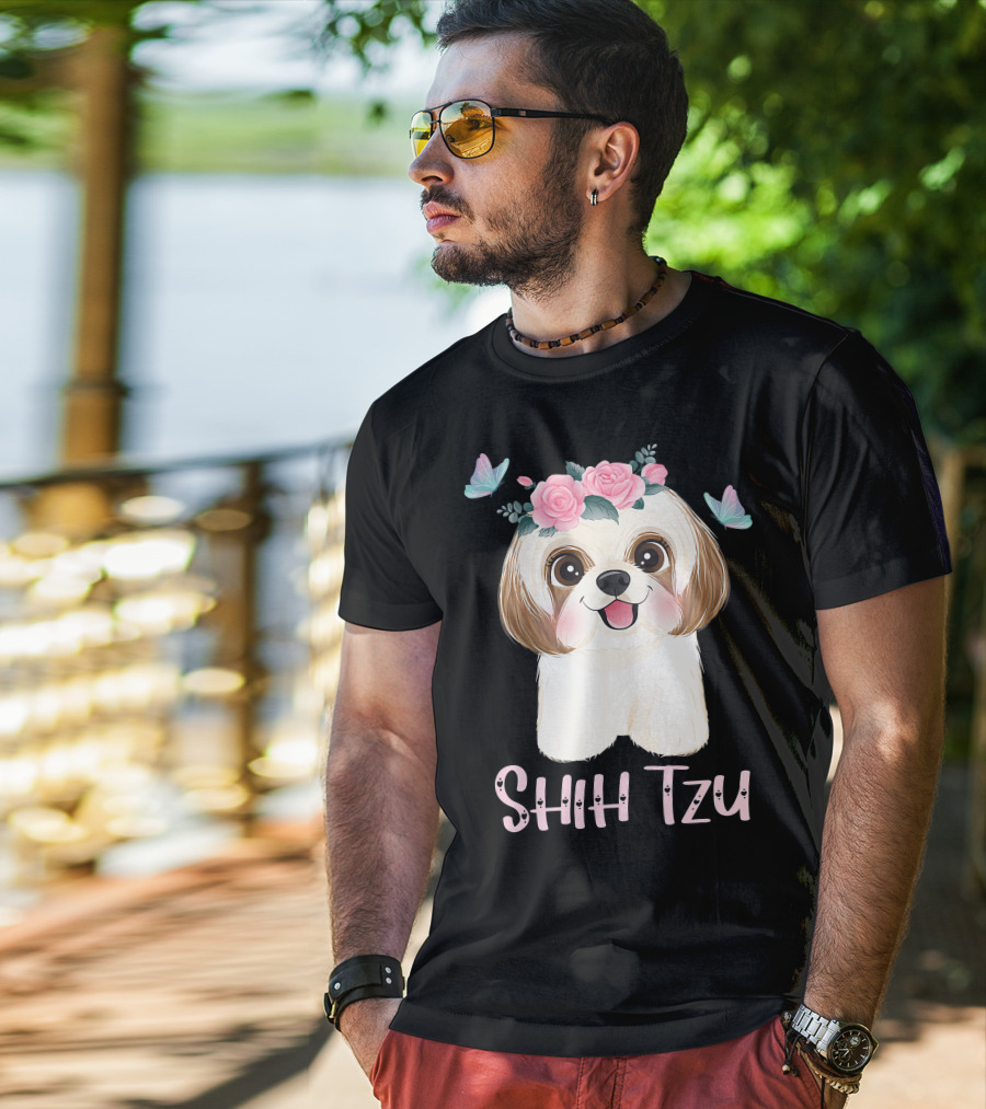 Cute Shih Tzu Mom Dad Mens Dog Lover Ladies Shih Tzu Roses Butterflies T-Shirt