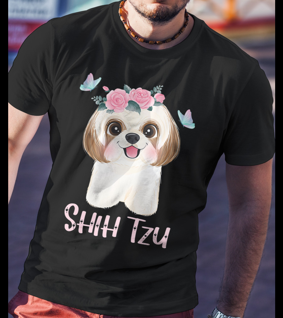 Cute Shih Tzu Mom Dad Mens Dog Lover Ladies Shih Tzu Roses Butterflies T-Shirt