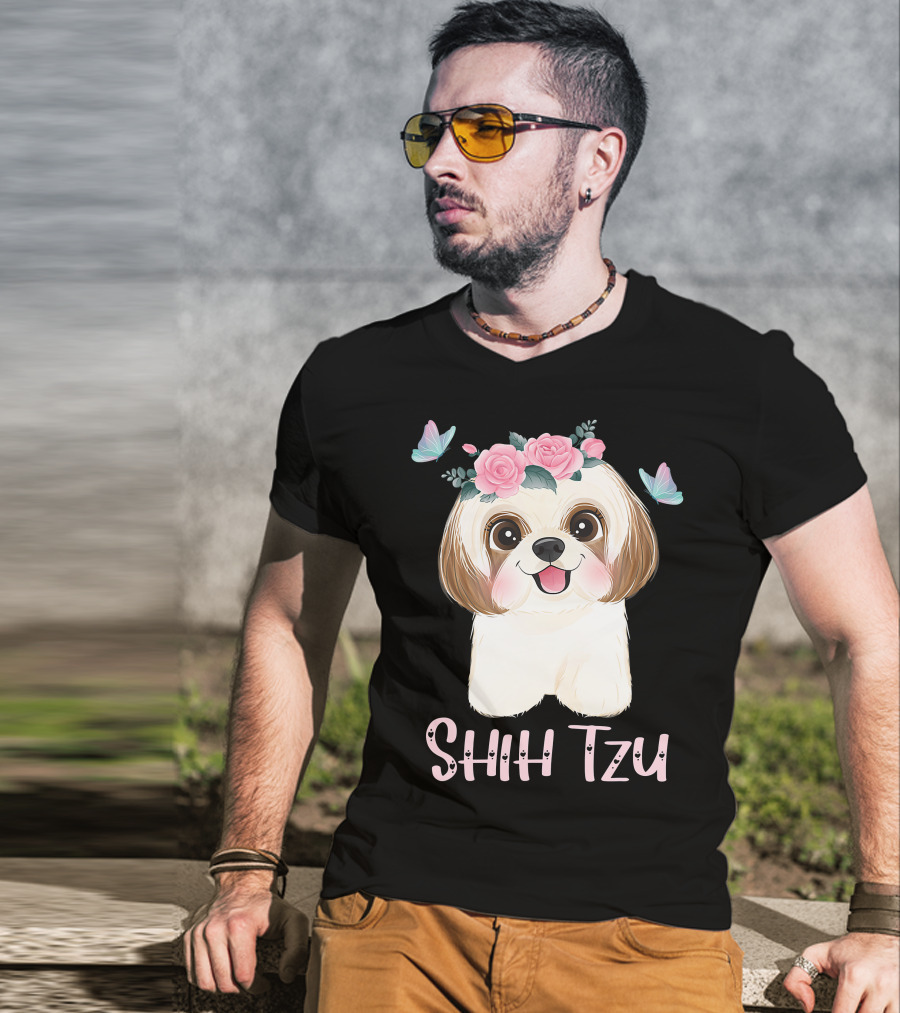 Cute Shih Tzu Mom Dad Mens Dog Lover Ladies Shih Tzu Roses Butterflies T-Shirt