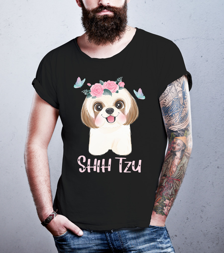 Cute Shih Tzu Mom Dad Mens Dog Lover Ladies Shih Tzu Roses Butterflies T-Shirt