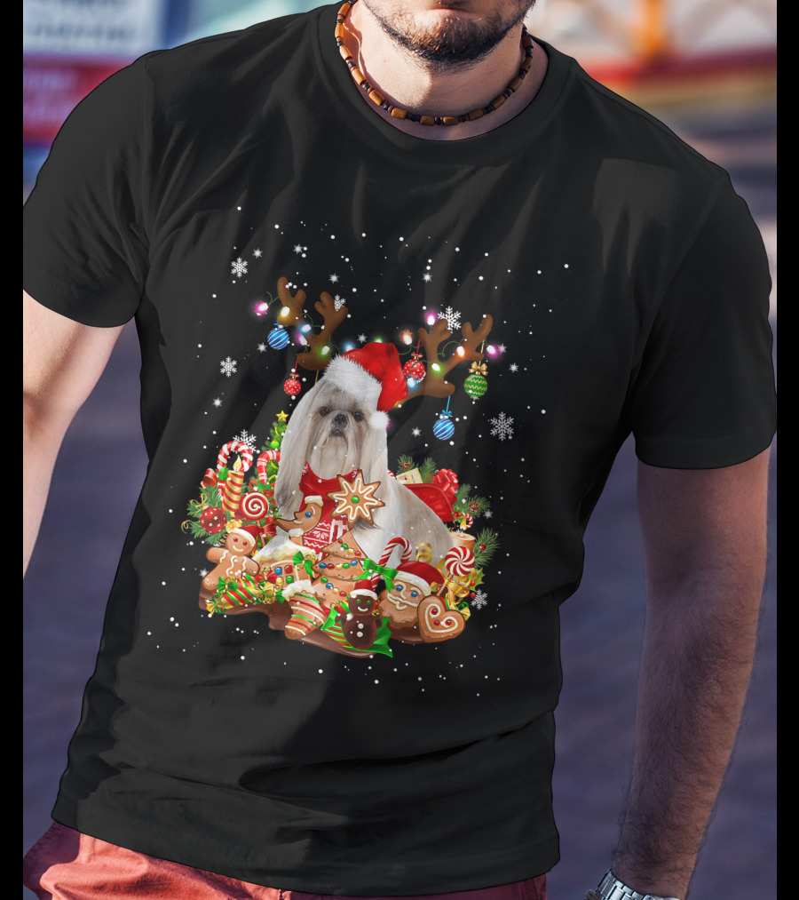 Cute Shih Tzu Reindeer Christmas Lighting Santa Xm Gingerbread Candy Cane Ornaments T-Shirt
