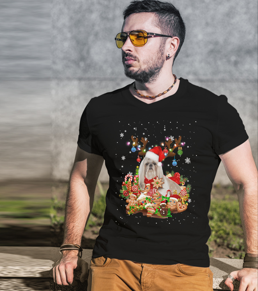 Cute Shih Tzu Reindeer Christmas Lighting Santa Xm Gingerbread Candy Cane Ornaments T-Shirt