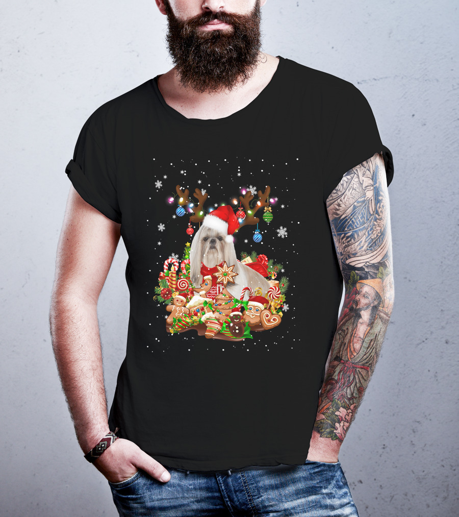 Cute Shih Tzu Reindeer Christmas Lighting Santa Xm Gingerbread Candy Cane Ornaments T-Shirt