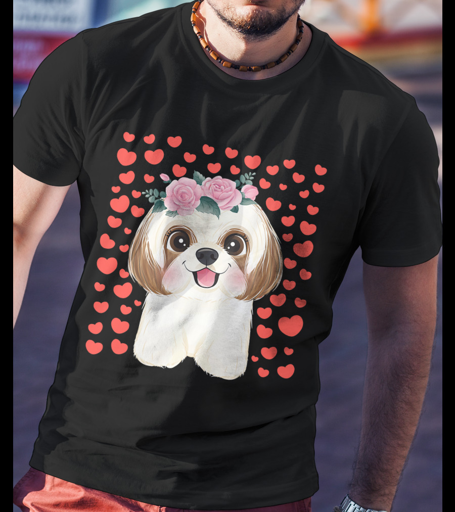Cute Shih Tzu Valentine's Day Red Hearts Dog Flowers T-Shirt