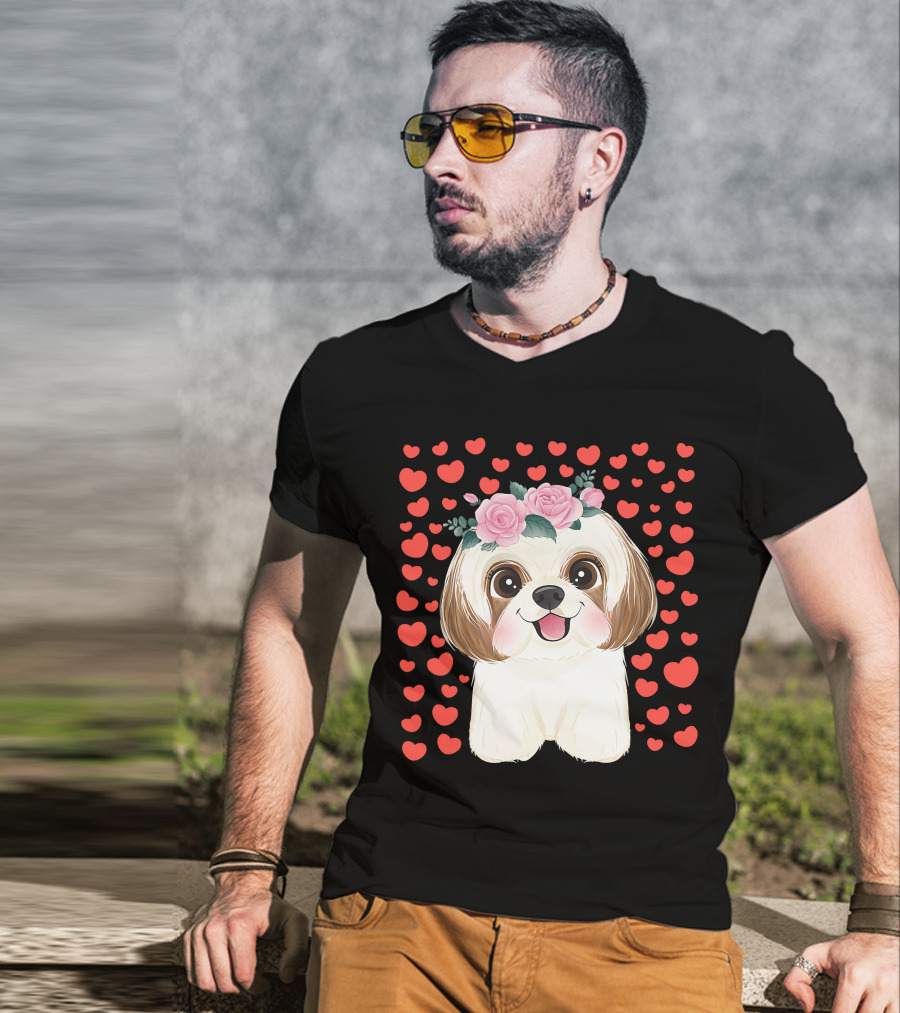 Cute Shih Tzu Valentine's Day Red Hearts Dog Flowers T-Shirt