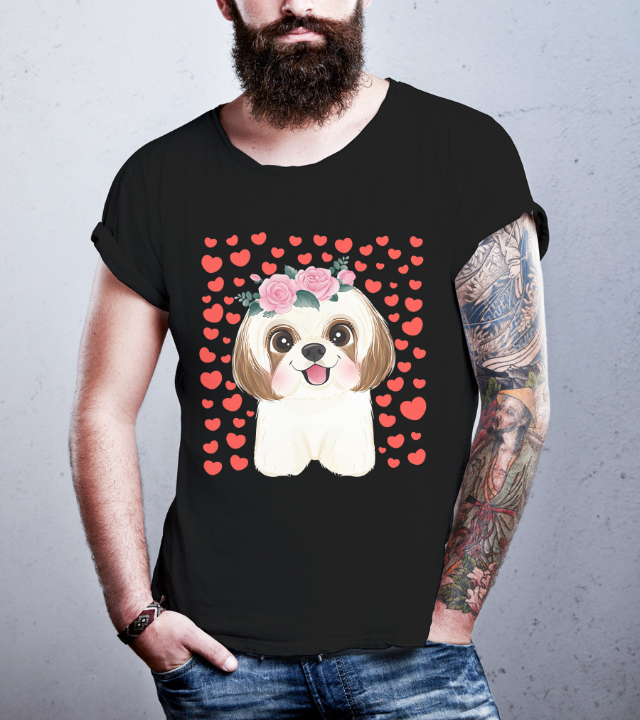 Cute Shih Tzu Valentine's Day Red Hearts Dog Flowers T-Shirt