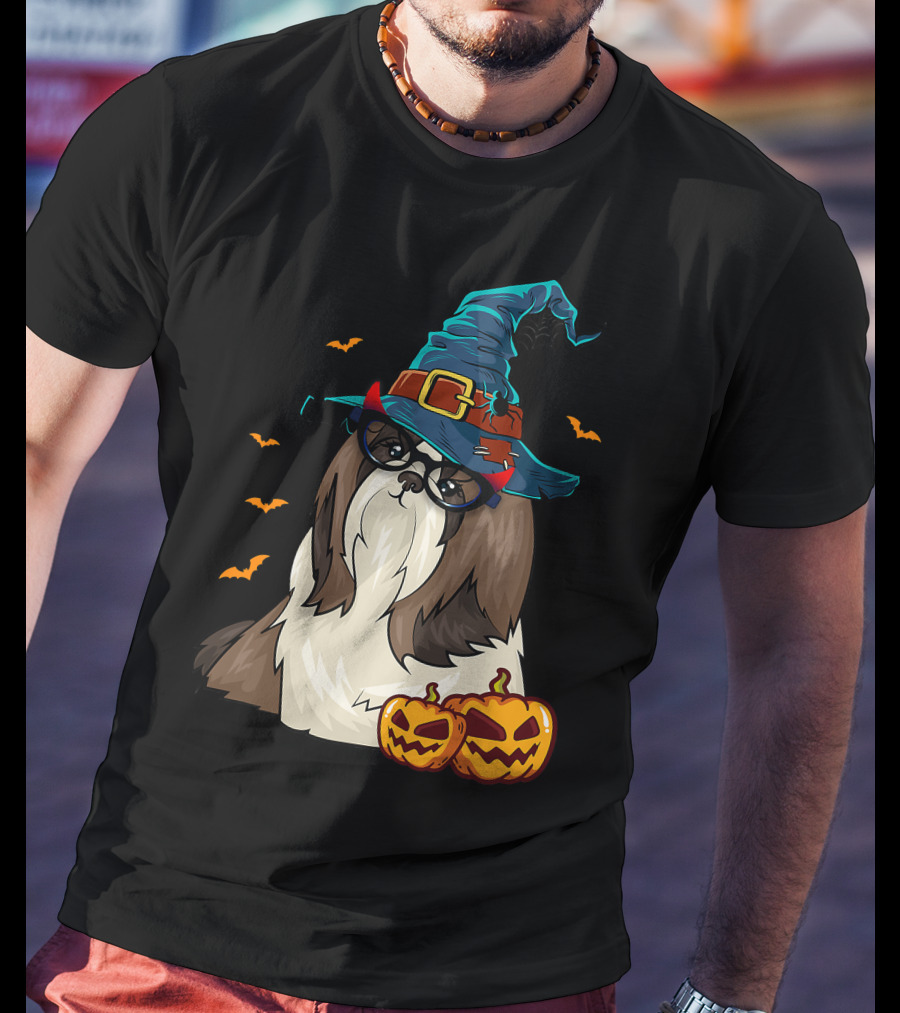 Cute Shih Tzu Glasses Witch Hat Halloween Pumpkins Bats T-Shirt