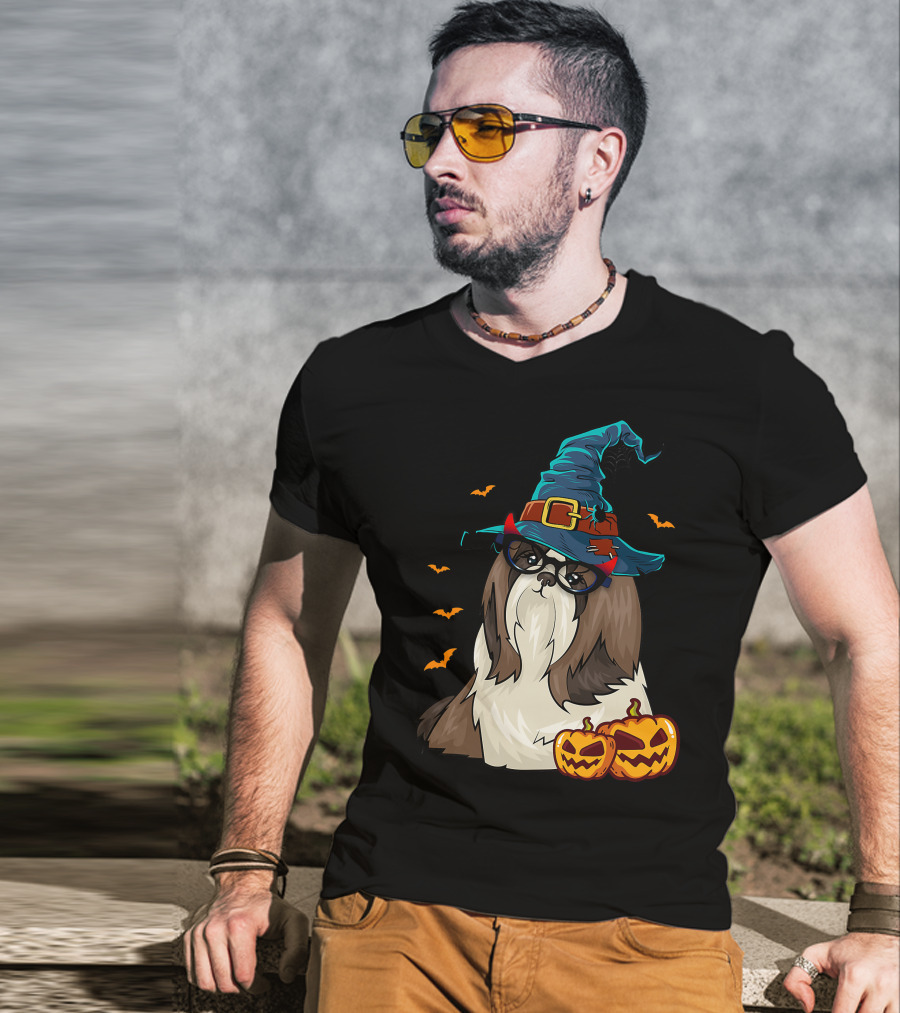 Cute Shih Tzu Glasses Witch Hat Halloween Pumpkins Bats T-Shirt