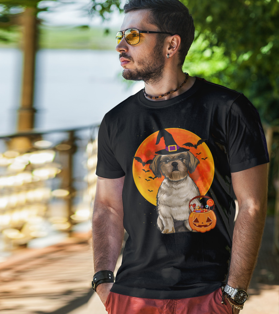 Shih Tzu Dog Halloween Jack O Lantern Pumpkin With Bats And Witch Hat T-Shirt