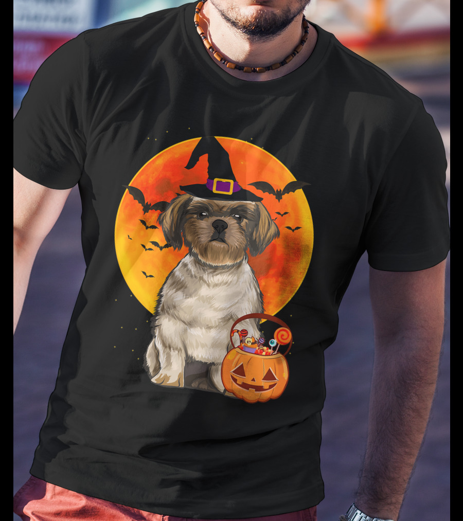 Shih Tzu Dog Halloween Jack O Lantern Pumpkin With Bats And Witch Hat T-Shirt