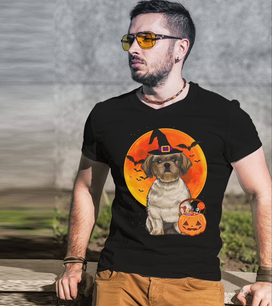 Shih Tzu Dog Halloween Jack O Lantern Pumpkin With Bats And Witch Hat T-Shirt