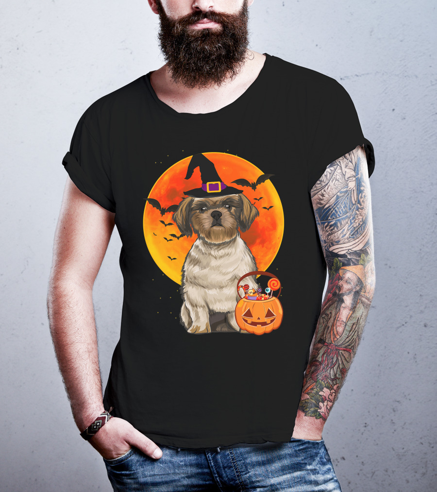 Shih Tzu Dog Halloween Jack O Lantern Pumpkin With Bats And Witch Hat T-Shirt