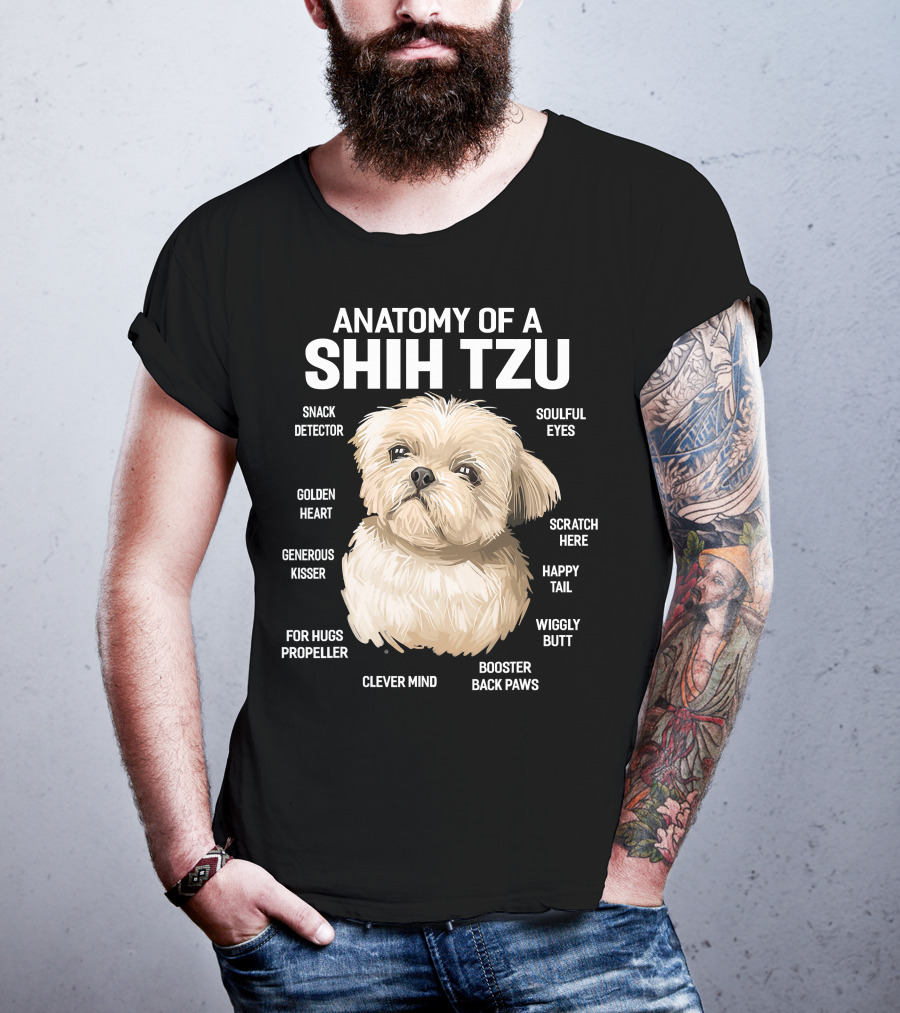 Anatomy Of A Shih Tzu Dog 365 Fluff Button Snowball Feature Cuddle Zone Pillow Tail Black Button Sniffer Ears Pom Pom Paws Wookie Chewbacca Eyes T-Shirt