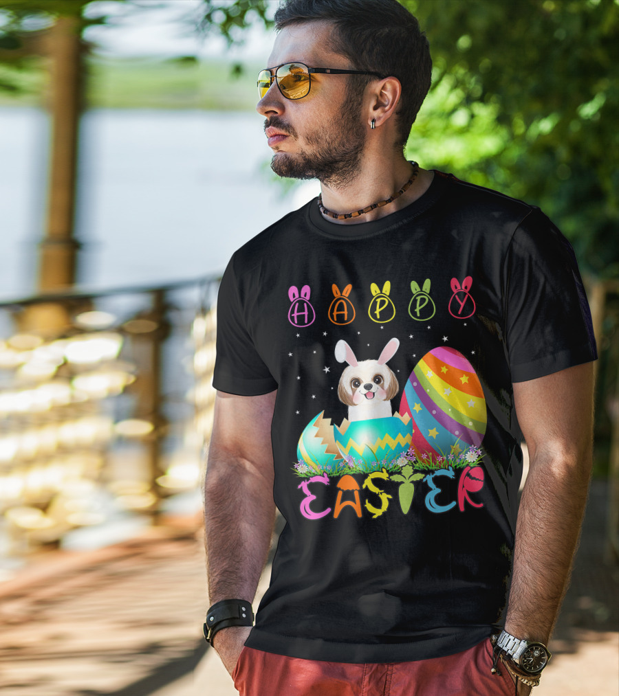 Happy Easter Day Shih Tzu Dog In Colorful Egg Matching T-Shirt