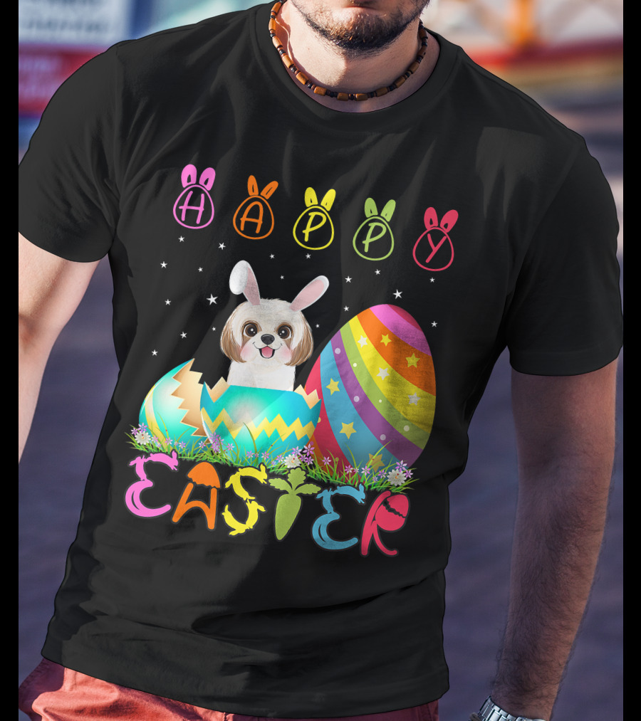 Happy Easter Day Shih Tzu Dog In Colorful Egg Matching T-Shirt