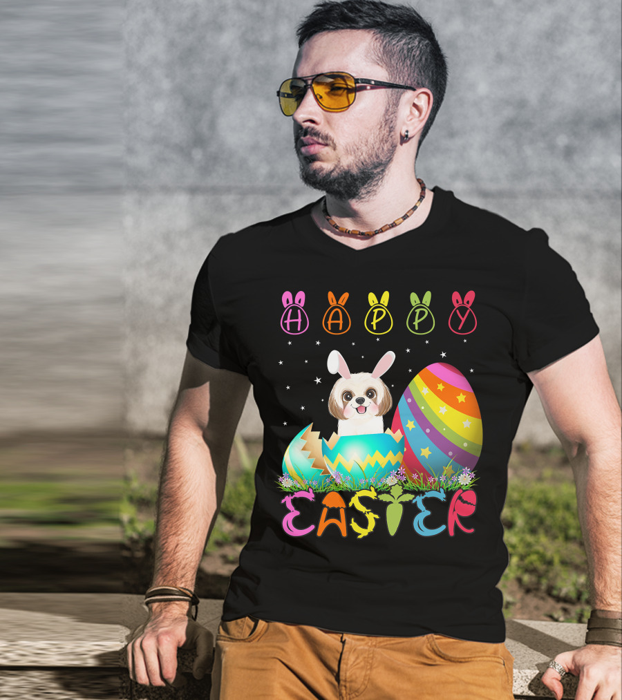 Happy Easter Day Shih Tzu Dog In Colorful Egg Matching T-Shirt