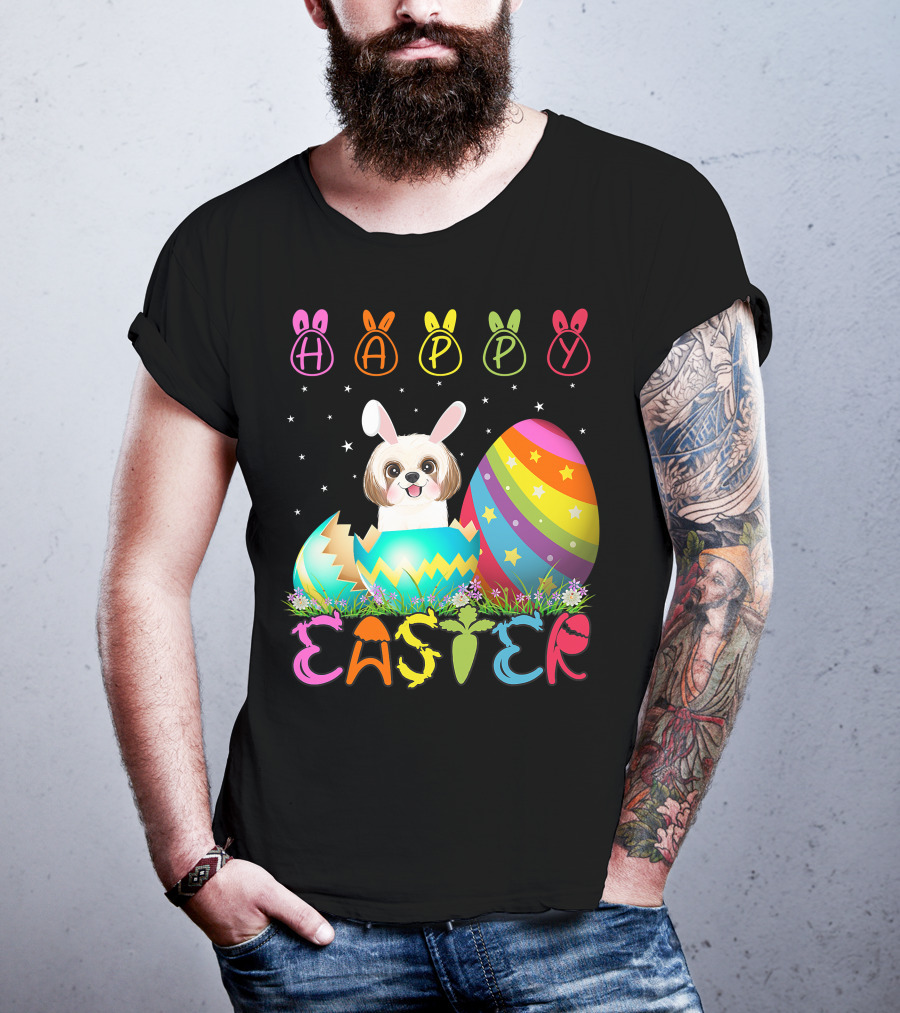 Happy Easter Day Shih Tzu Dog In Colorful Egg Matching T-Shirt