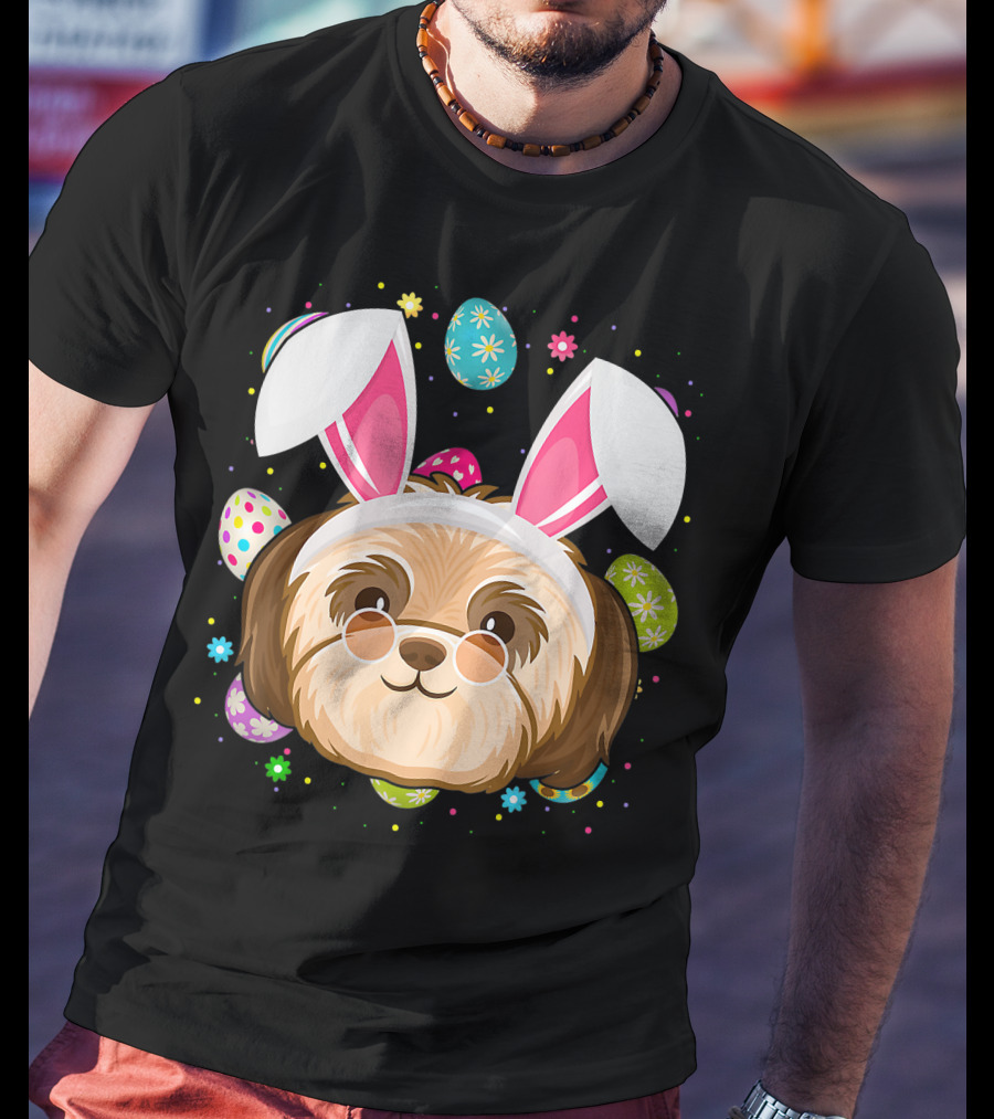 Easter Egg Lover Bunny Ear Shih Tzu Dog Face Easter T-Shirt