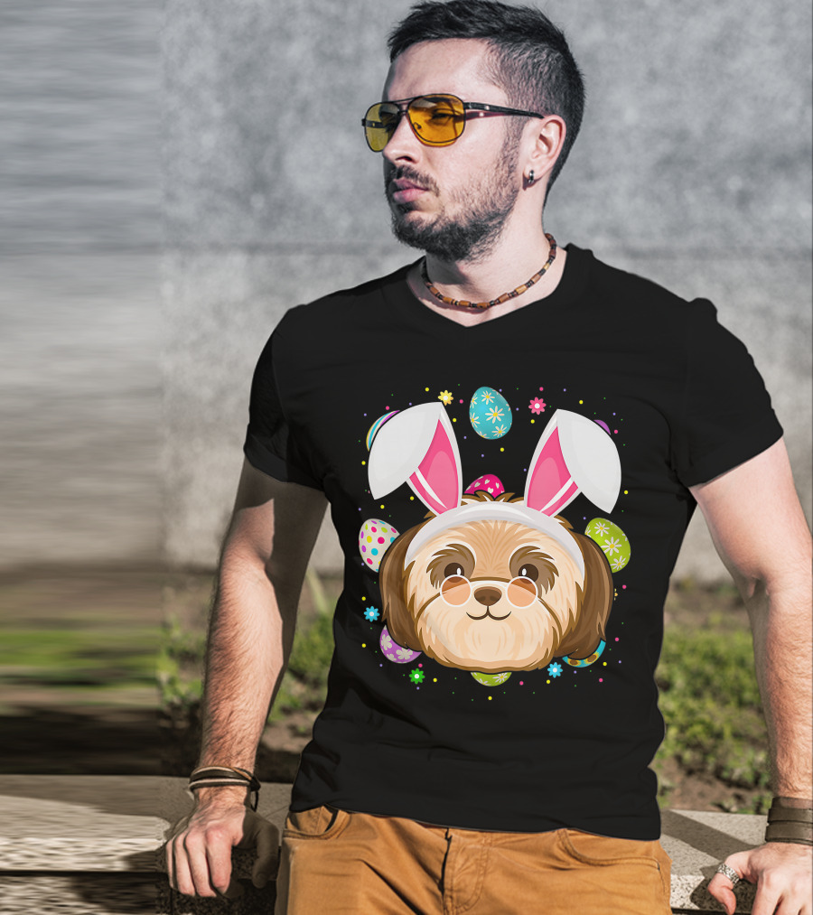 Easter Egg Lover Bunny Ear Shih Tzu Dog Face Easter T-Shirt