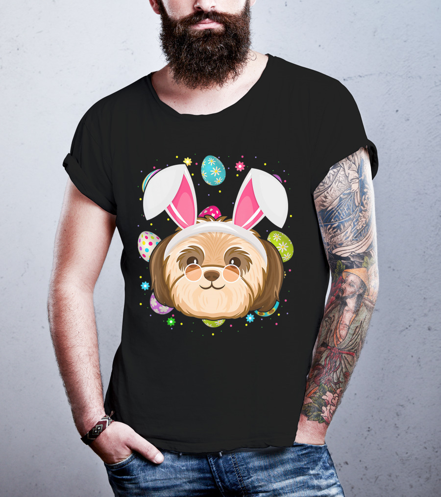 Easter Egg Lover Bunny Ear Shih Tzu Dog Face Easter T-Shirt