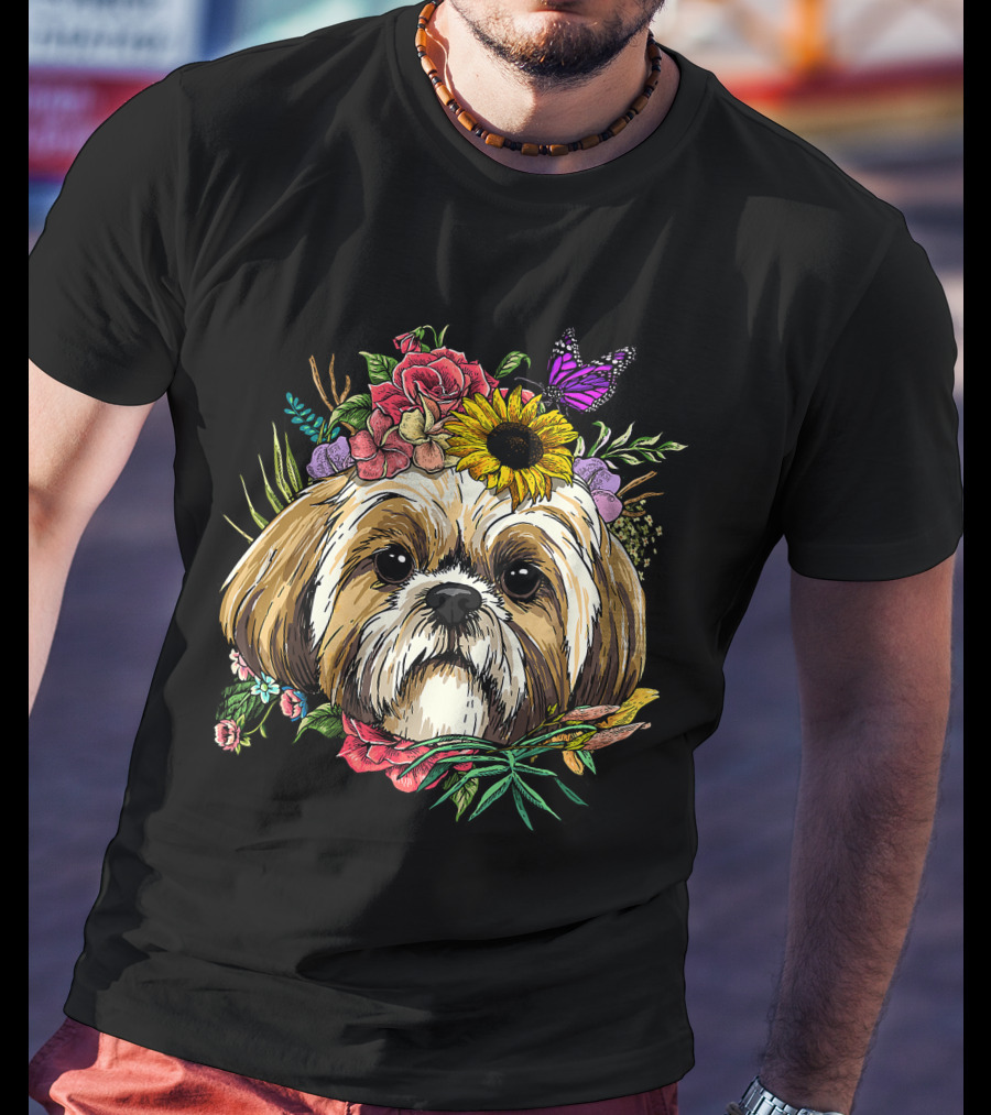 Floral Shih Tzu Dog With Butterfly And Spring Flowers For Nature And Shih Tzu Lovers T-Shirt