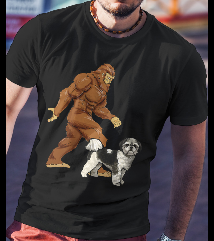 Funny Bigfoot Walking Shih Tzu Sasquatch Dog Comic T-Shirt