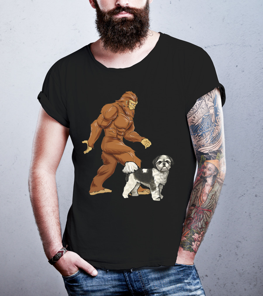 Funny Bigfoot Walking Shih Tzu Sasquatch Dog Comic T-Shirt
