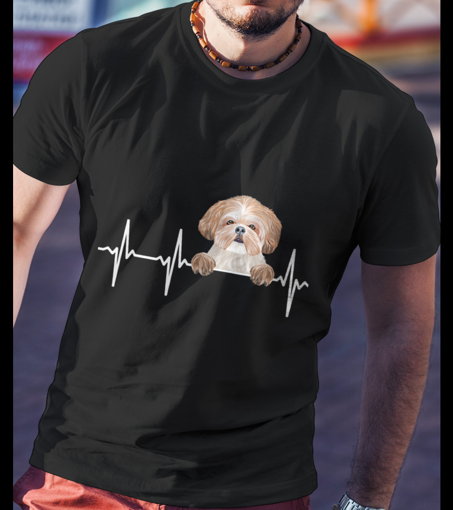 Heartbeat Line With Cute Shih Tzu Illustration For Funny Dog Lovers T-Shirt