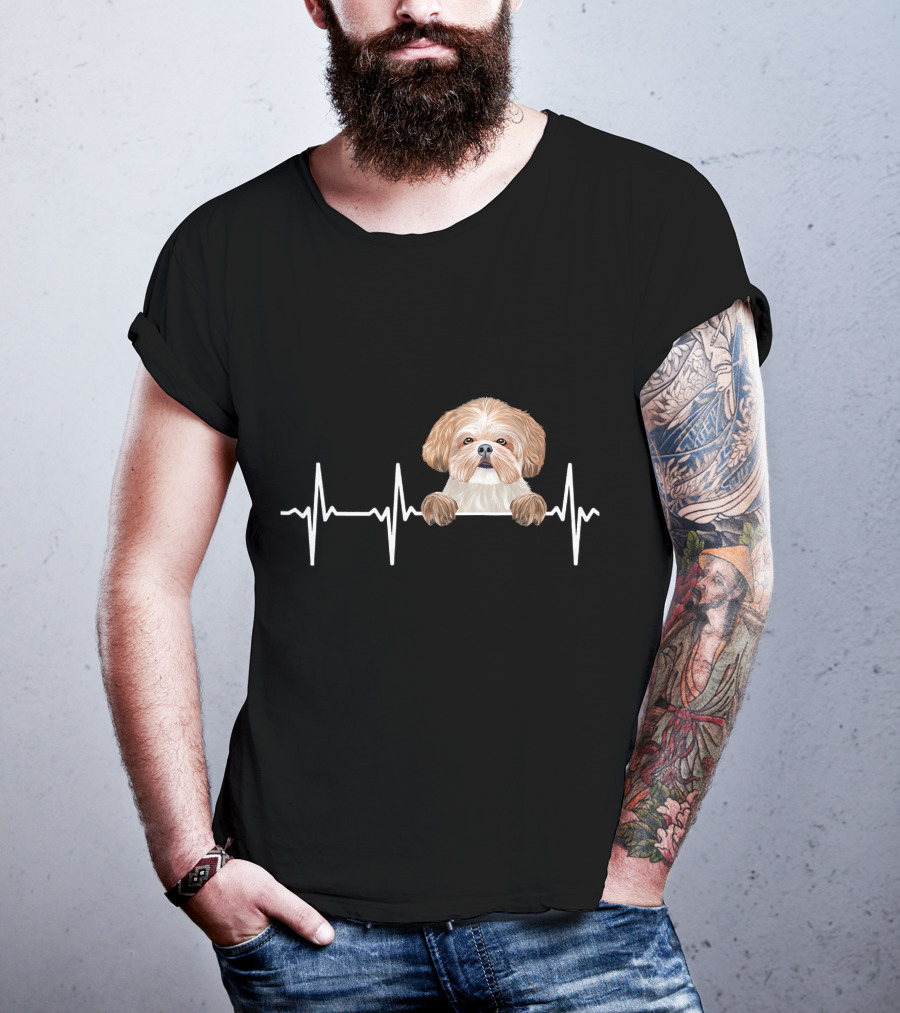 Heartbeat Line With Cute Shih Tzu Illustration For Funny Dog Lovers T-Shirt