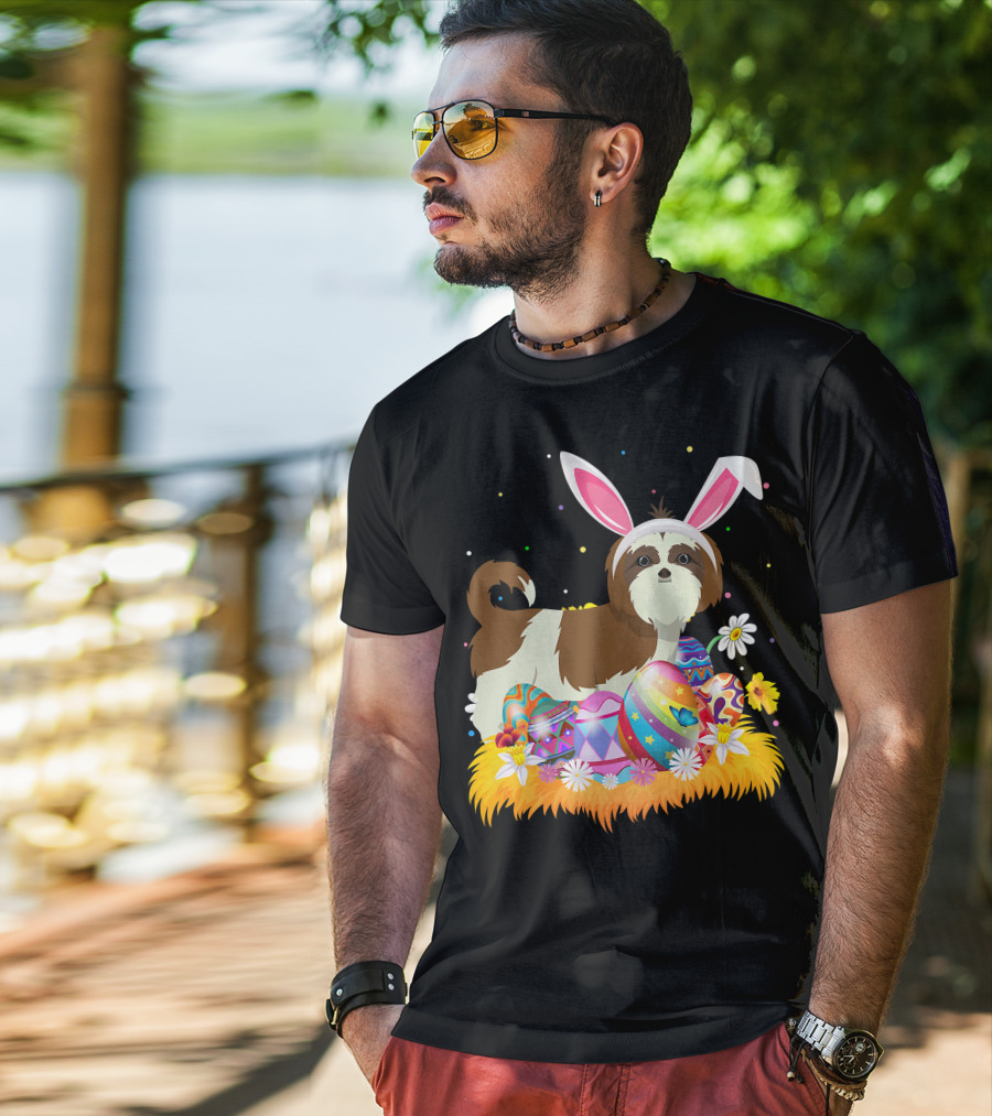 Shih Tzu Bunny Ears With Colorful Easter Eggs And Flowers For Easter Sunday T-Shirt