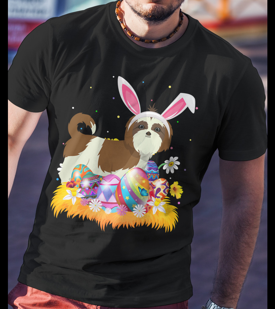 Shih Tzu Bunny Ears With Colorful Easter Eggs And Flowers For Easter Sunday T-Shirt