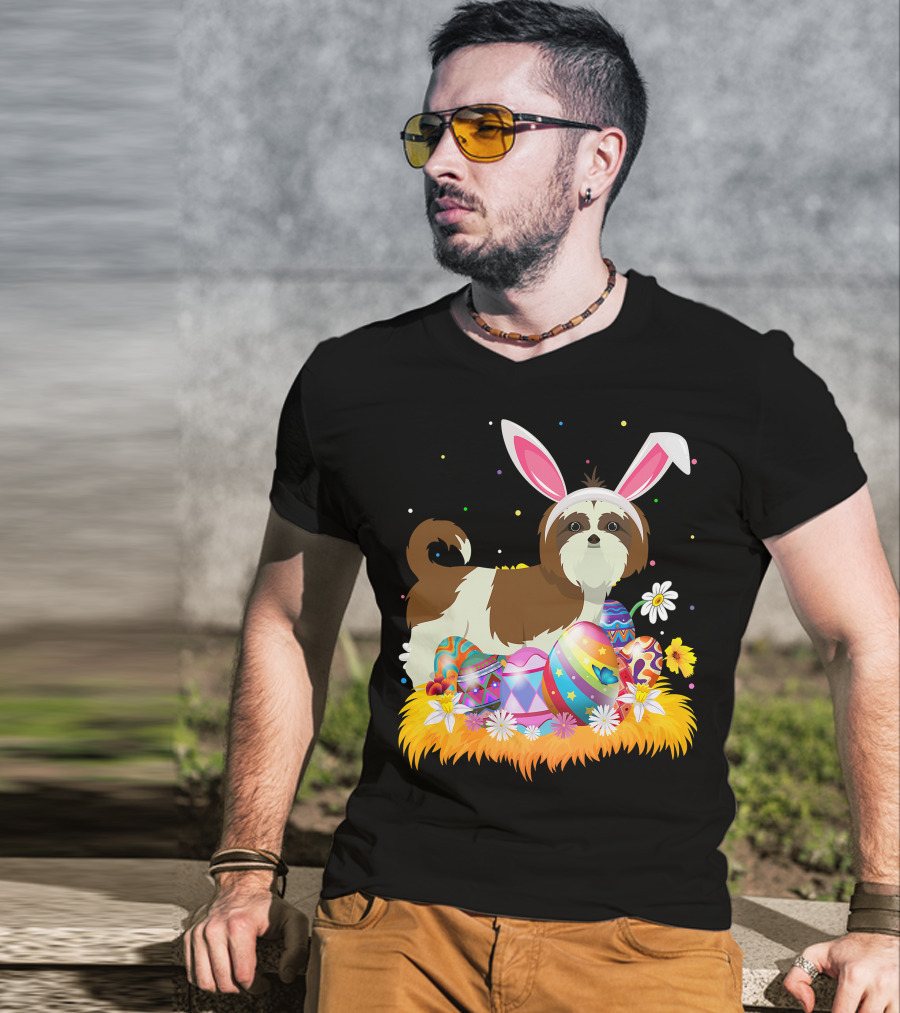 Shih Tzu Bunny Ears With Colorful Easter Eggs And Flowers For Easter Sunday T-Shirt