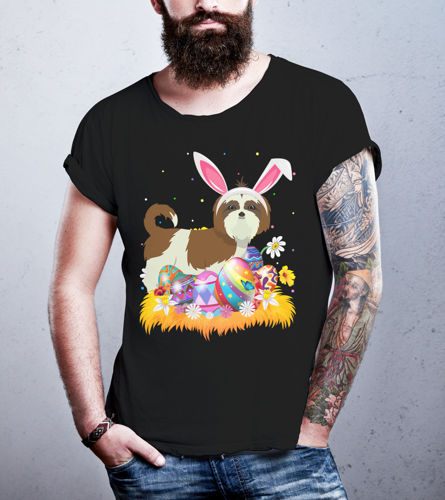 Shih Tzu Bunny Ears With Colorful Easter Eggs And Flowers For Easter Sunday T-Shirt
