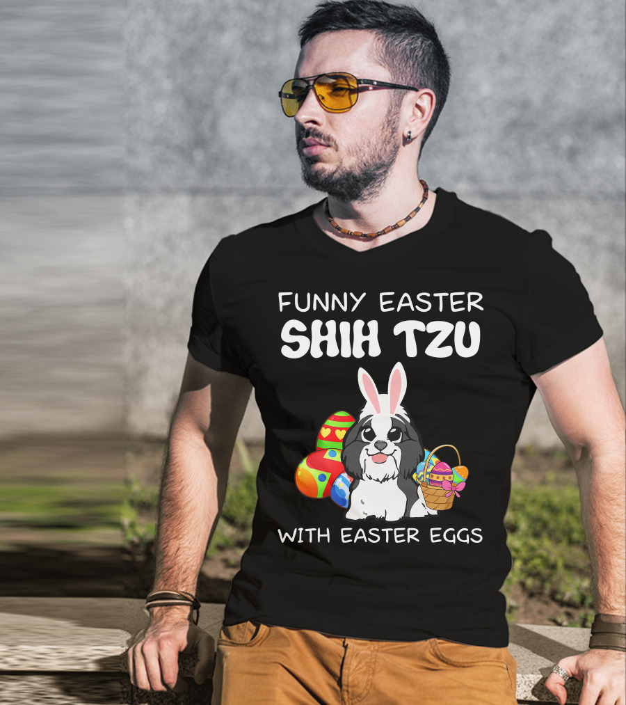 Funny Easter Shih Tzu With Easter Eggs Basket And Bunny Ears T-Shirt