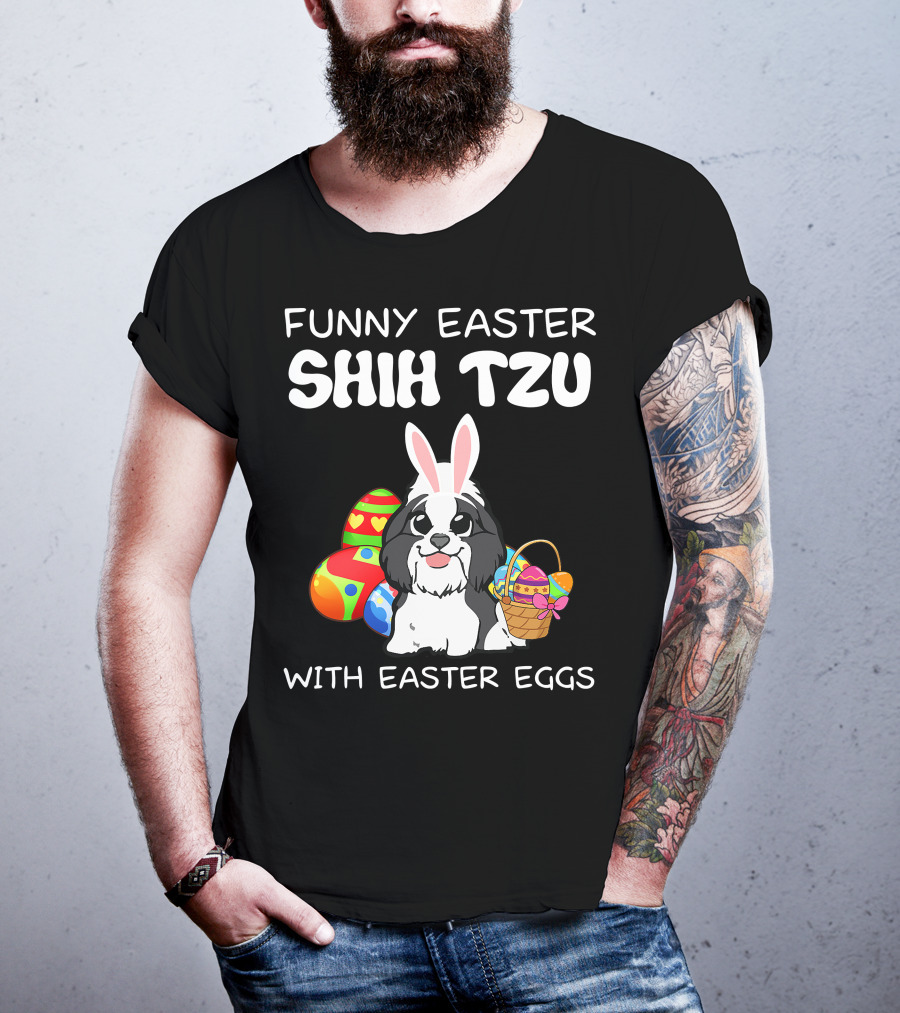 Funny Easter Shih Tzu With Easter Eggs Basket And Bunny Ears T-Shirt