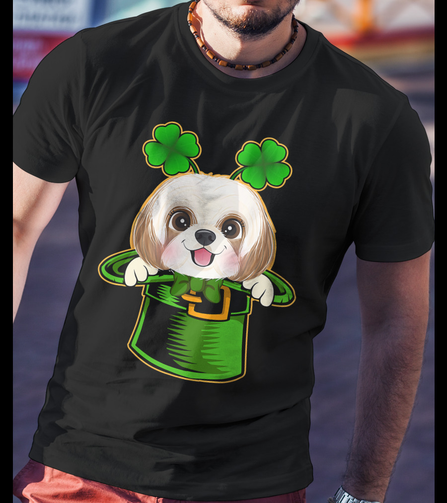 Leprechaun Hat Shih Tzu Dog With Green Clover Antennae T-Shirt