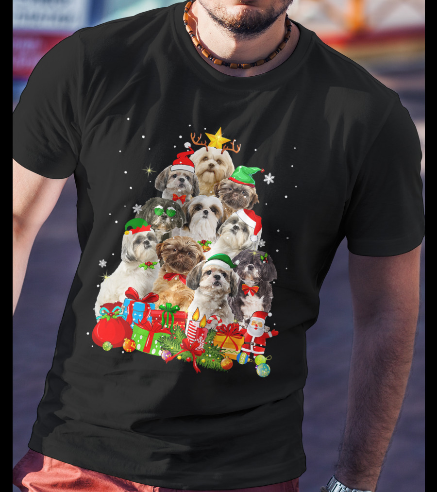 Shih Tzu Christmas Tree With Holiday Lights And Puppy Dogs T-Shirt