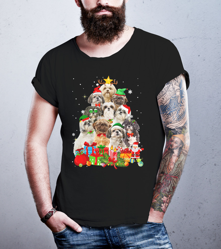 Shih Tzu Christmas Tree With Holiday Lights And Puppy Dogs T-Shirt