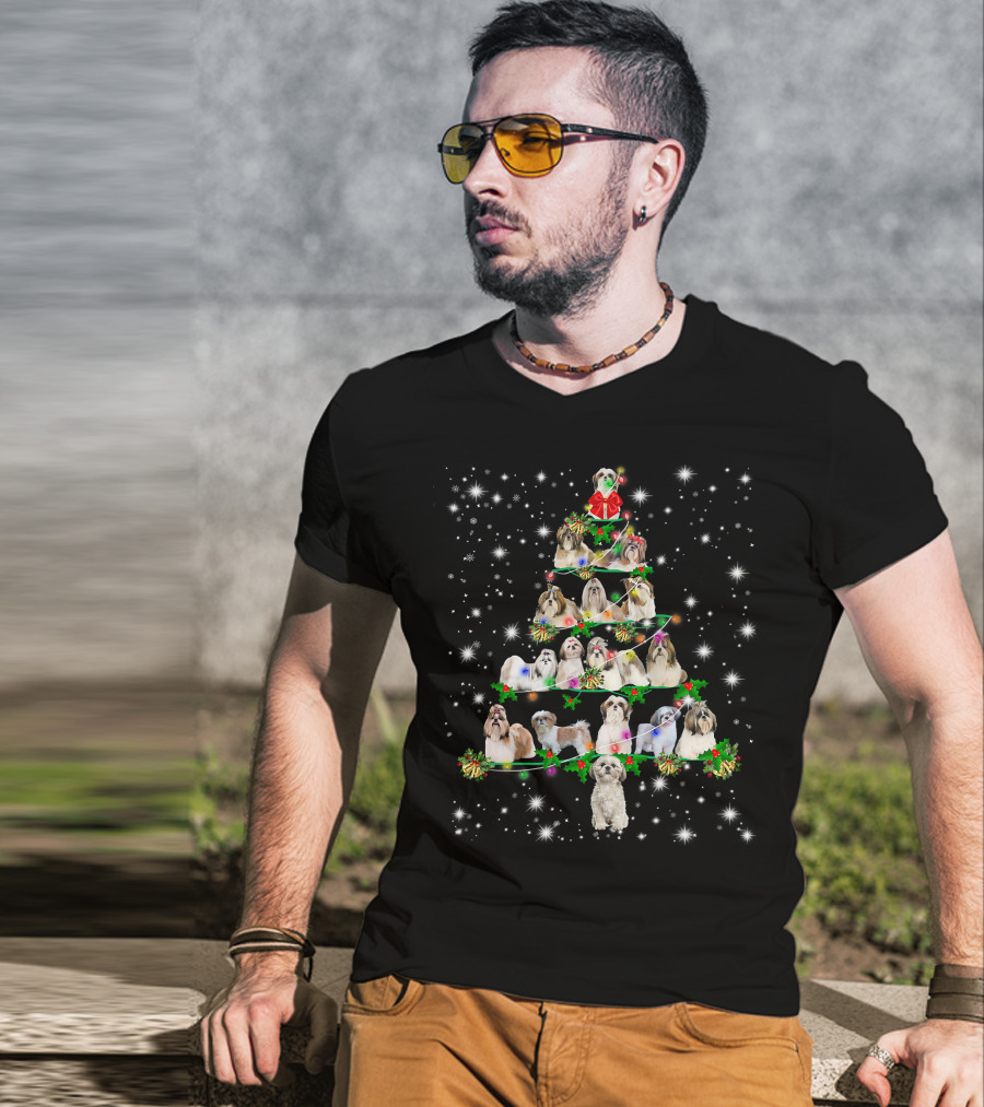 Shih Tzu Christmas Tree Ornament Decor With Dogs In Festive Holiday T-Shirt
