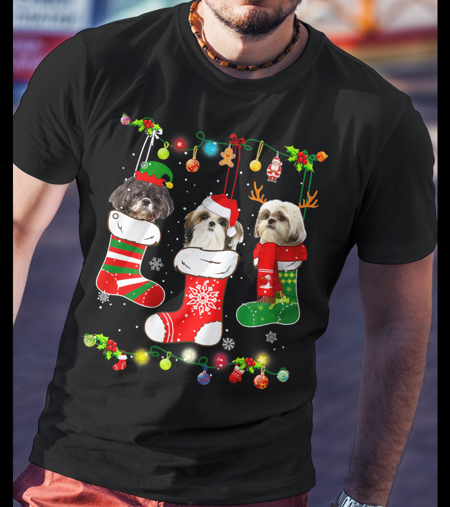 Shih Tzu Dogs In Christmas Stockings With Santa Hats And Christmas Lights T-Shirt