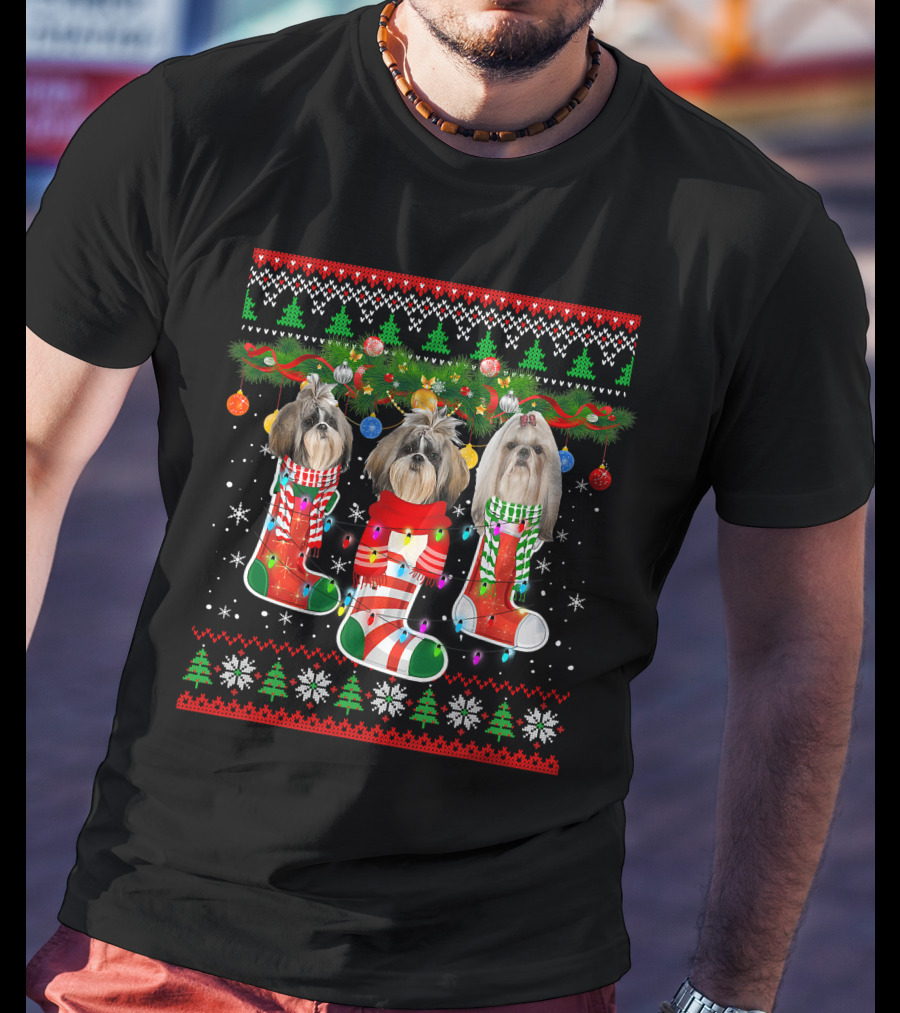 Shih Tzu Dogs Christmas Holiday Socks With Lights And Ornaments T-Shirt