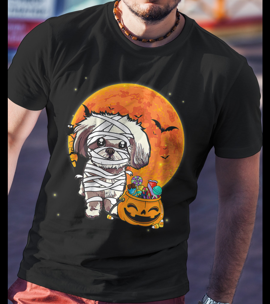 Shih Tzu Mummy Halloween Costume With Pumpkin Candy Bucket And Full Moon T-Shirt