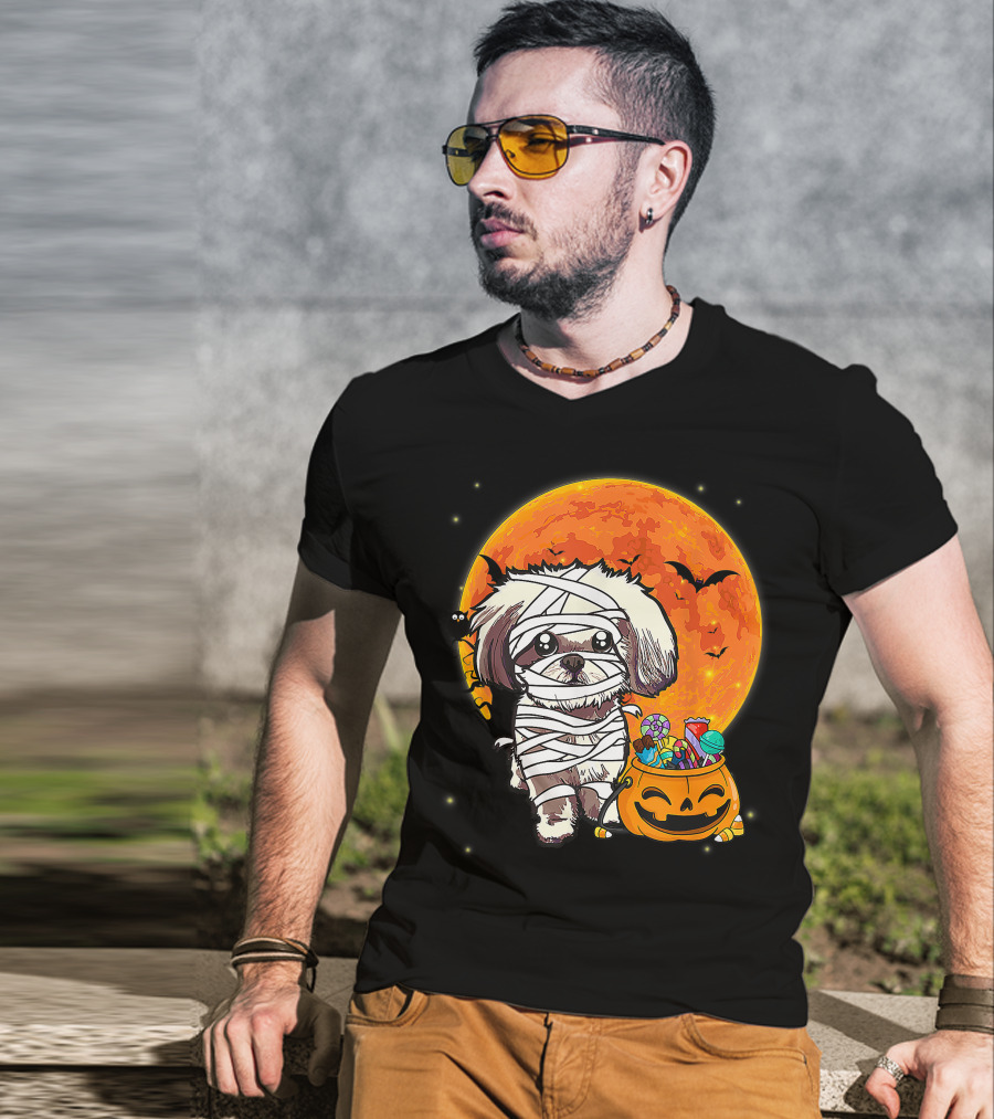 Shih Tzu Mummy Halloween Costume With Pumpkin Candy Bucket And Full Moon T-Shirt