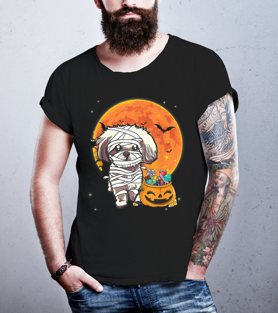 Shih Tzu Mummy Halloween Costume With Pumpkin Candy Bucket And Full Moon T-Shirt