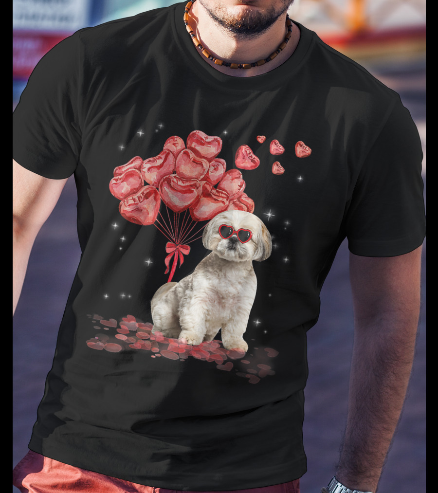 Shih Tzu Heart Balloons Funny Valentines Day Dog Dad Mom T-Shirt