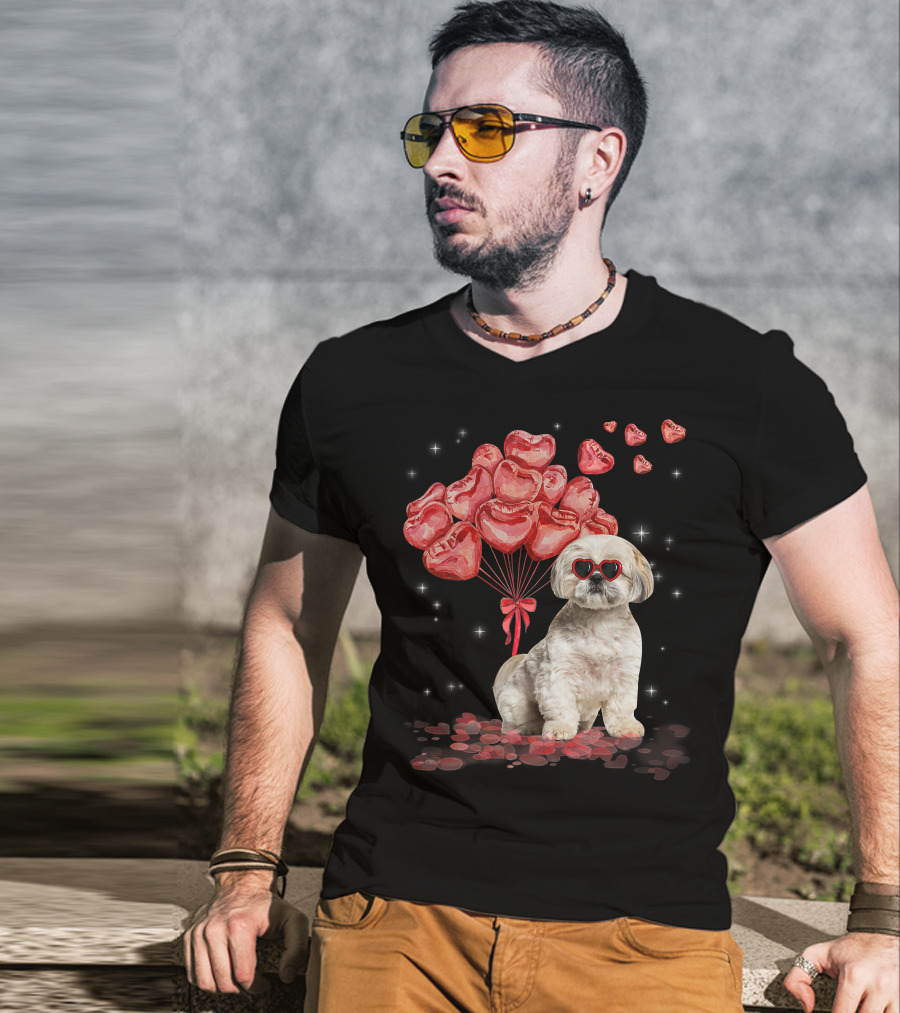 Shih Tzu Heart Balloons Funny Valentines Day Dog Dad Mom T-Shirt