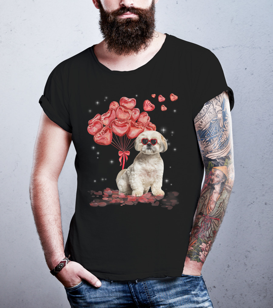Shih Tzu Heart Balloons Funny Valentines Day Dog Dad Mom T-Shirt
